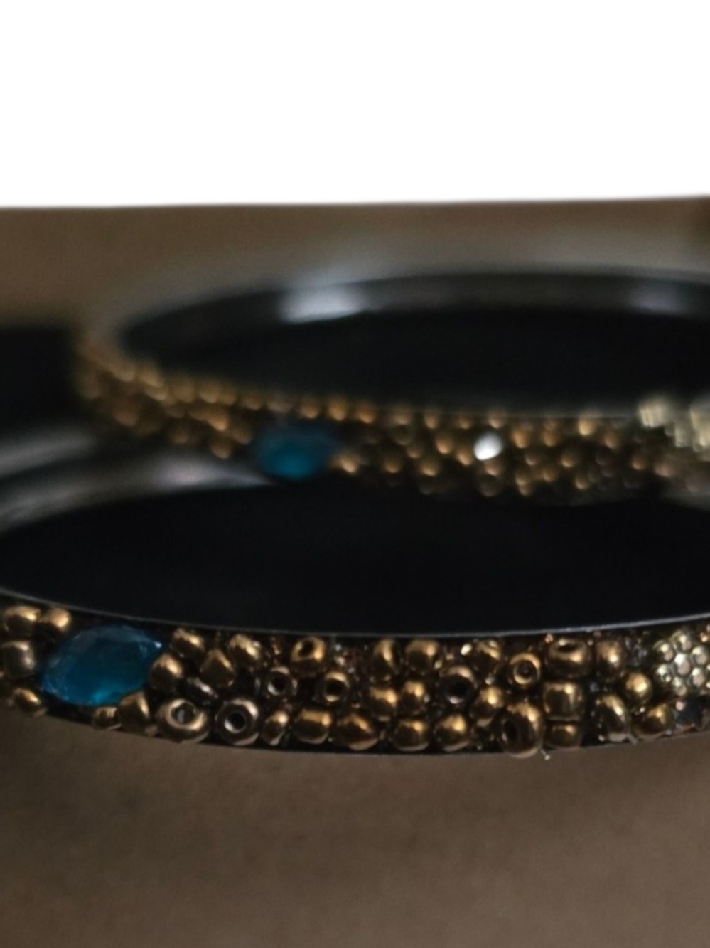 Set Of 2 Gold Beaded Bangle Bracelet with Blue Accent - Women Jewelry